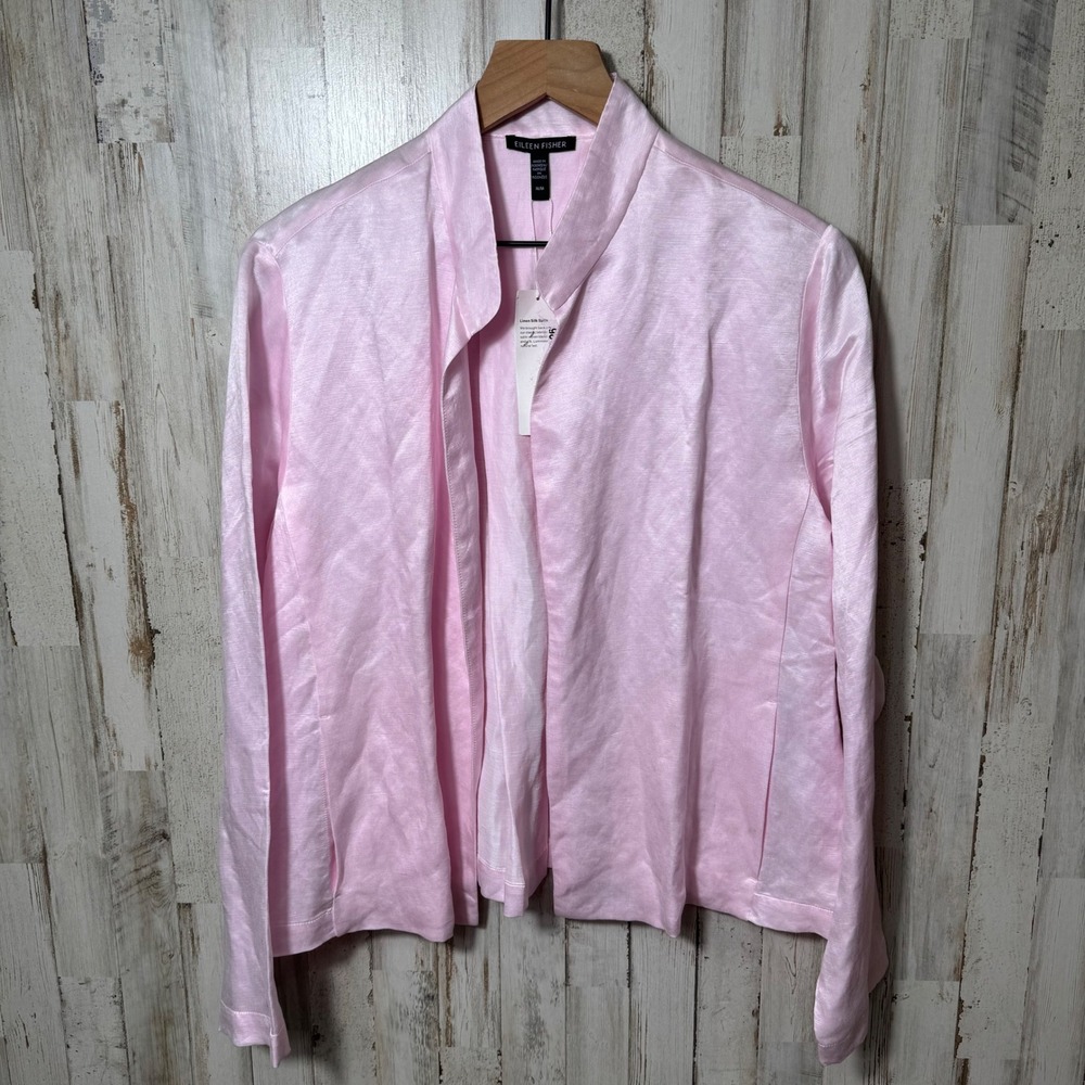 Eileen Fisher Baby Pink Linen Satin Silk Stand Collar Jacket Open Front Womens M